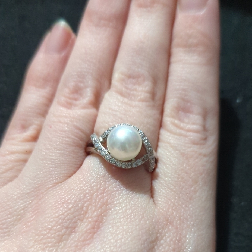 Sterling Silver White Faux Pearl Clear CZ Dainty Delicate Statement Ring - Sz 8